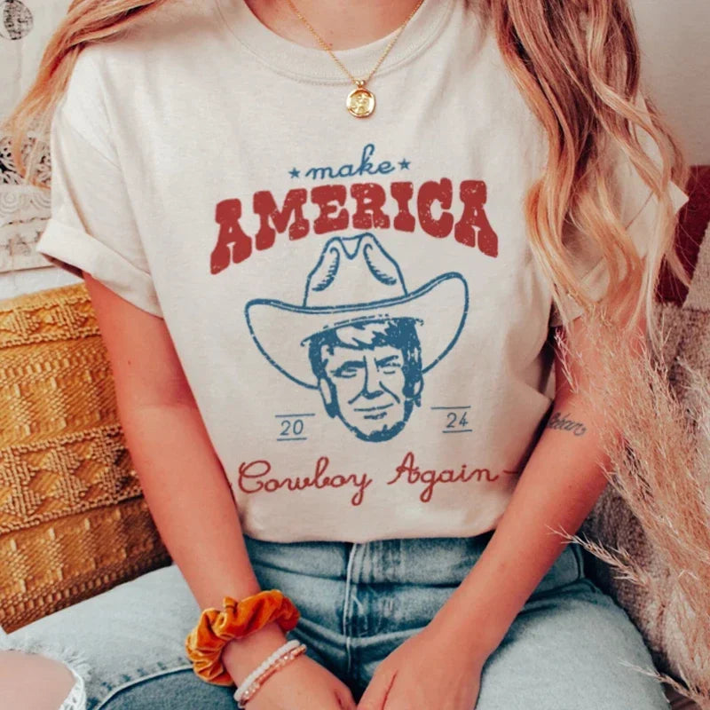 Women Trump 2024 Election T-Shirts Vintage Western Cowboy